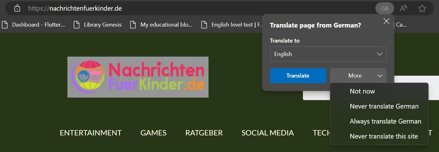 Thêm tùy chọn dịch thuật hiển thị trên trang web tiếng Đức trong Microsoft Edge trên desktop