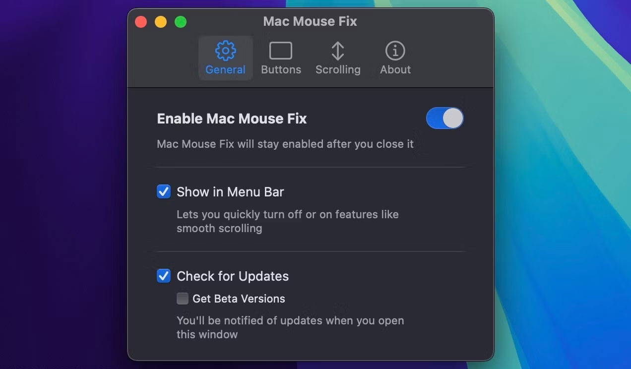 Cửa sổ ứng dụng Mac Mouse Fix hiển thị phần cài đặt chung