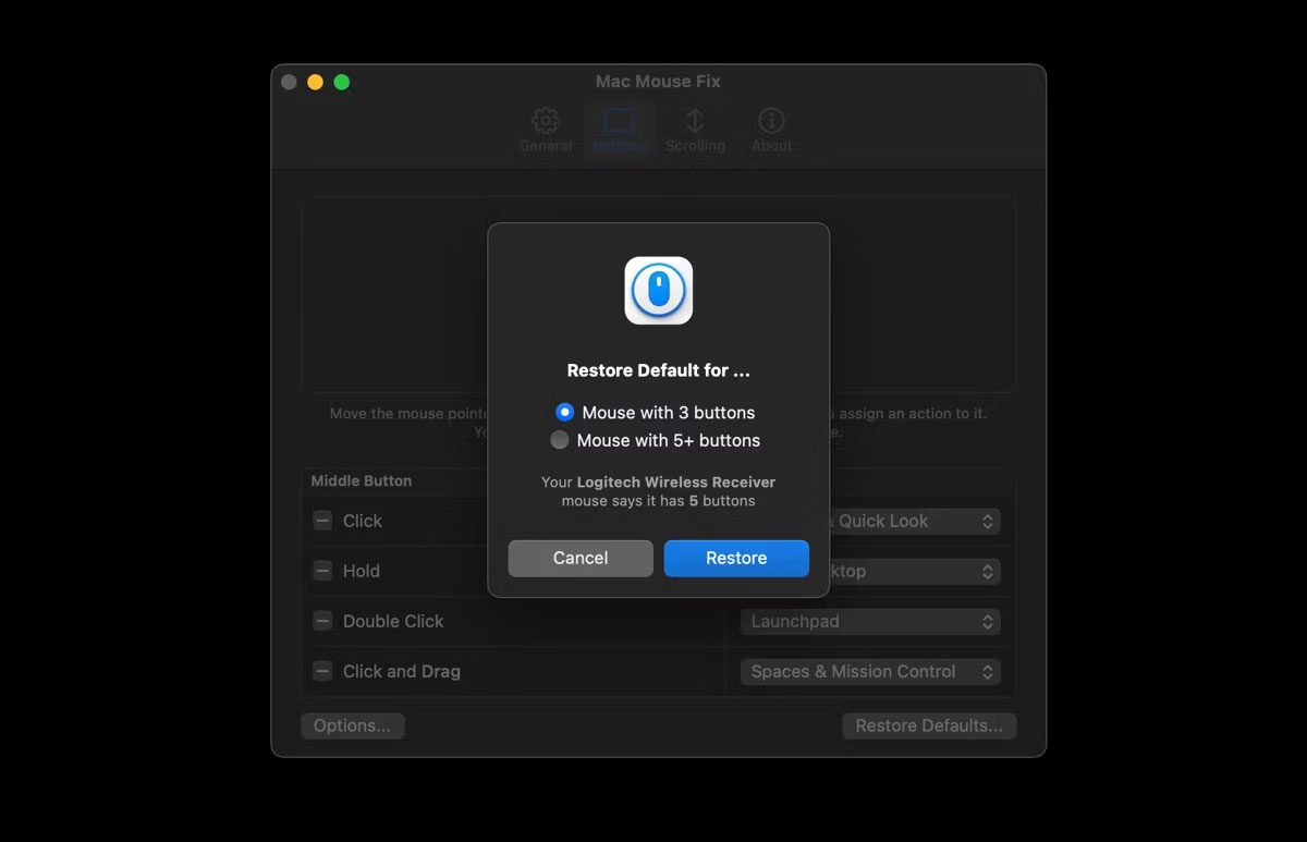 Trang Mac Mouse Fix hiển thị cách khôi phục cài đặt mặc định