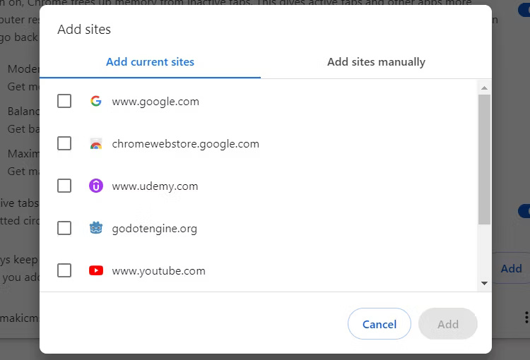 Cửa sổ pop-up để thêm các trang web để Memory Saver bỏ qua trong Google Chrome.