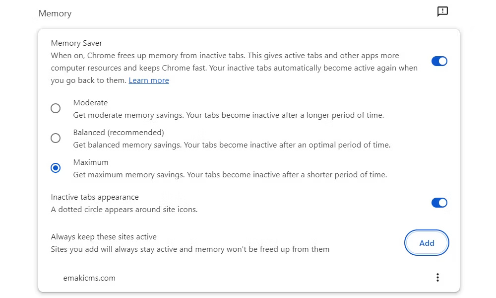 Tùy chọn Memory Saver trong Google Chrome.