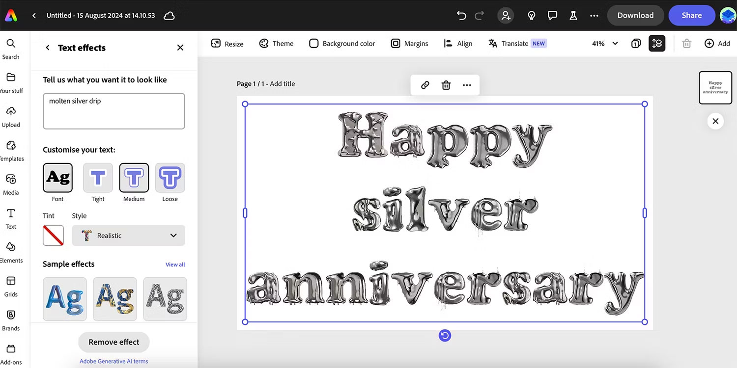 Công cụ AI Text Effects 3D của Adobe Express