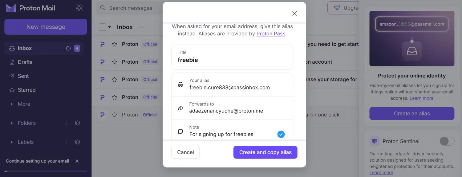 Tab Create an Alias trong Proton Mail