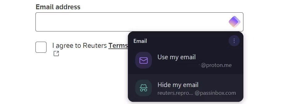 Proton Pass tạo và đề xuất Hide my email aliases