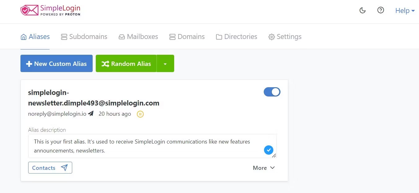 Tab Aliases trên bảng điều khiển SimpleLogin