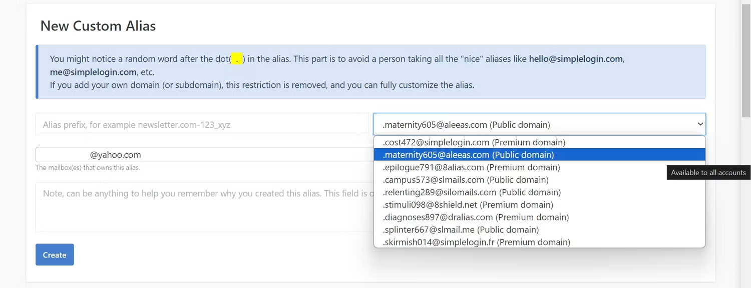 Tab New Custom Alias trong SimpleLogin