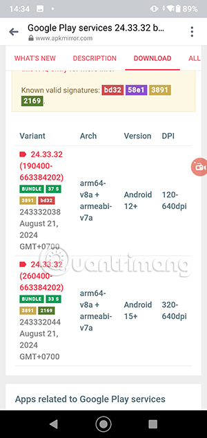 Tải phiên bản mới cho Google Play Services