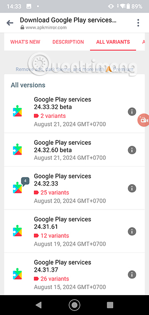 Danh sách phiên bản Google Play Services