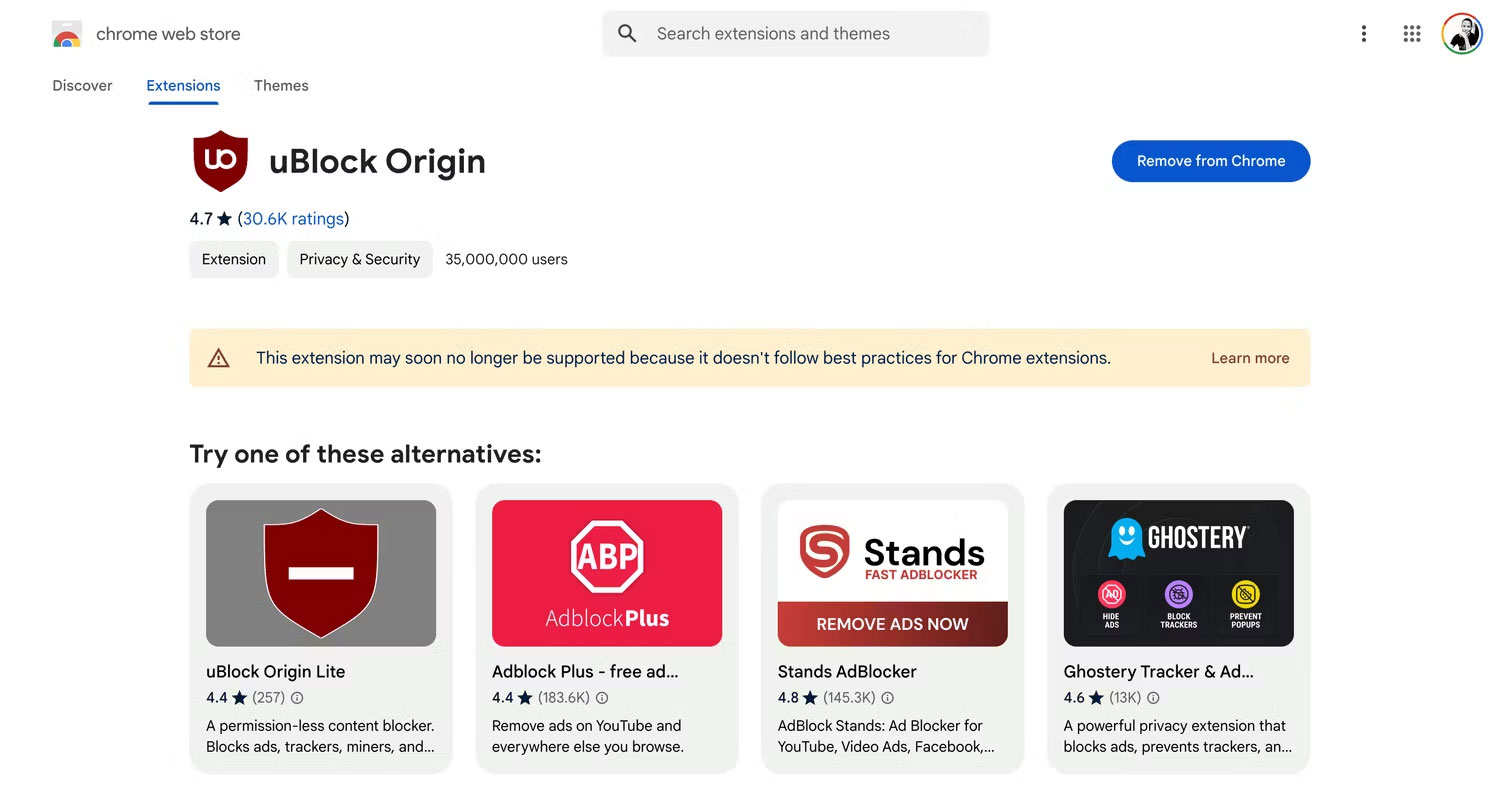 uBlock Origin - Cảnh báo ngừng hỗ trợ trên Chrome Web Store