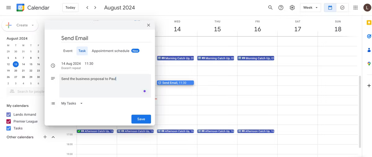 Bảng điều khiển Google Calendar hiển thị cách thêm nhiệm vụ