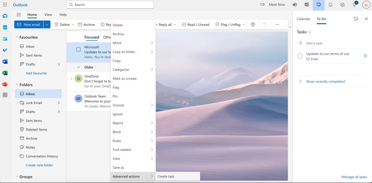 Bảng điều khiển Microsoft Outlook hiển thị cách biến email thành tác vụ