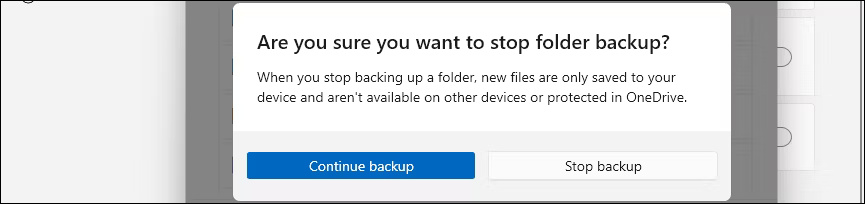 Hộp thoại Stop backup của Microsoft OneDrive