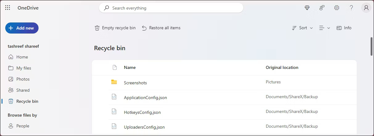 Recycle Bin trên OneDrive Web với tùy chọn Empty Recycle Bin