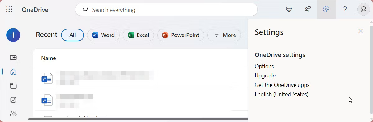 Màn hình trang chủ OneDrive web với ngăn Settings mở
