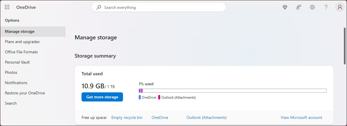 Màn hình quản lý dung lượng lưu trữ OneDrive trên web