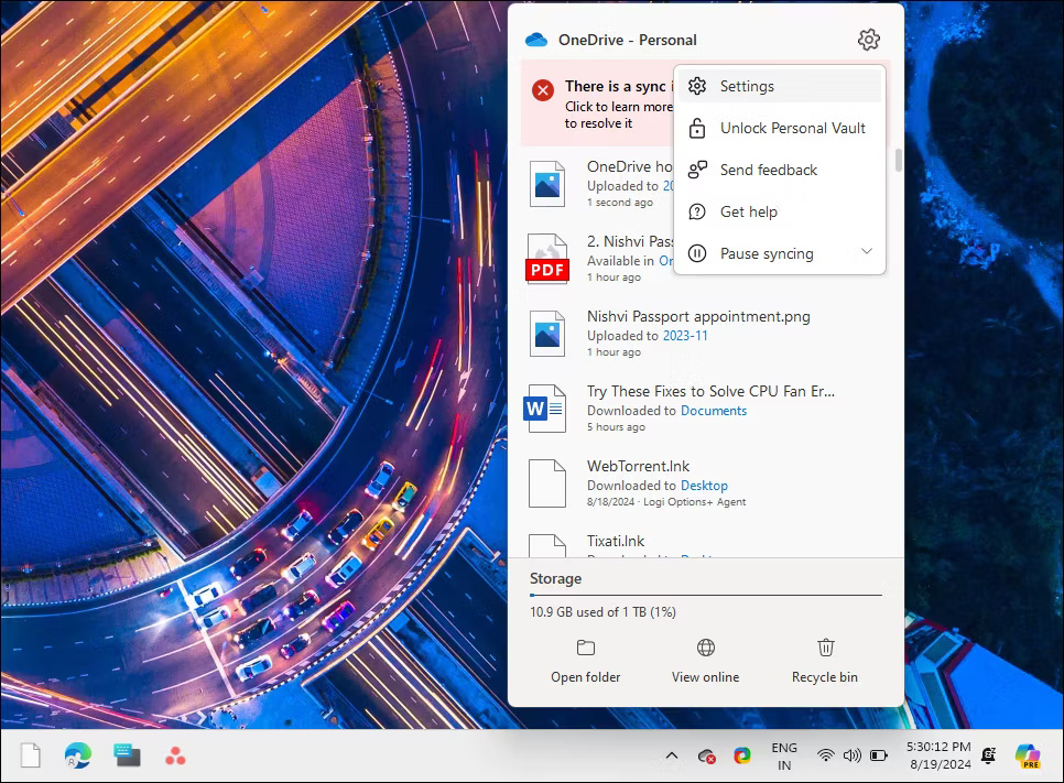 Tùy chọn Settings OneDrive trên máy tính