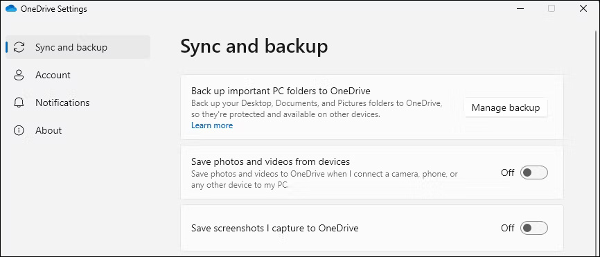 Màn hình cài đặt OneDrive có tùy chọn Manage Backup