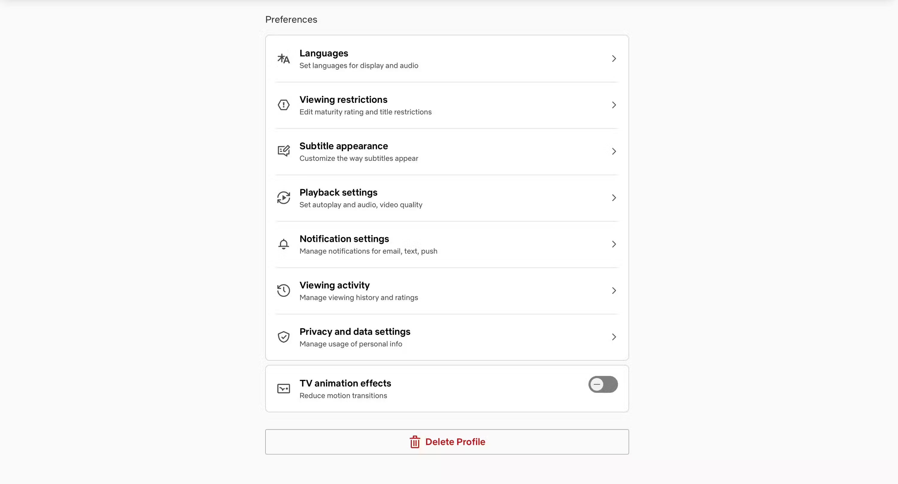 Netflix settings page