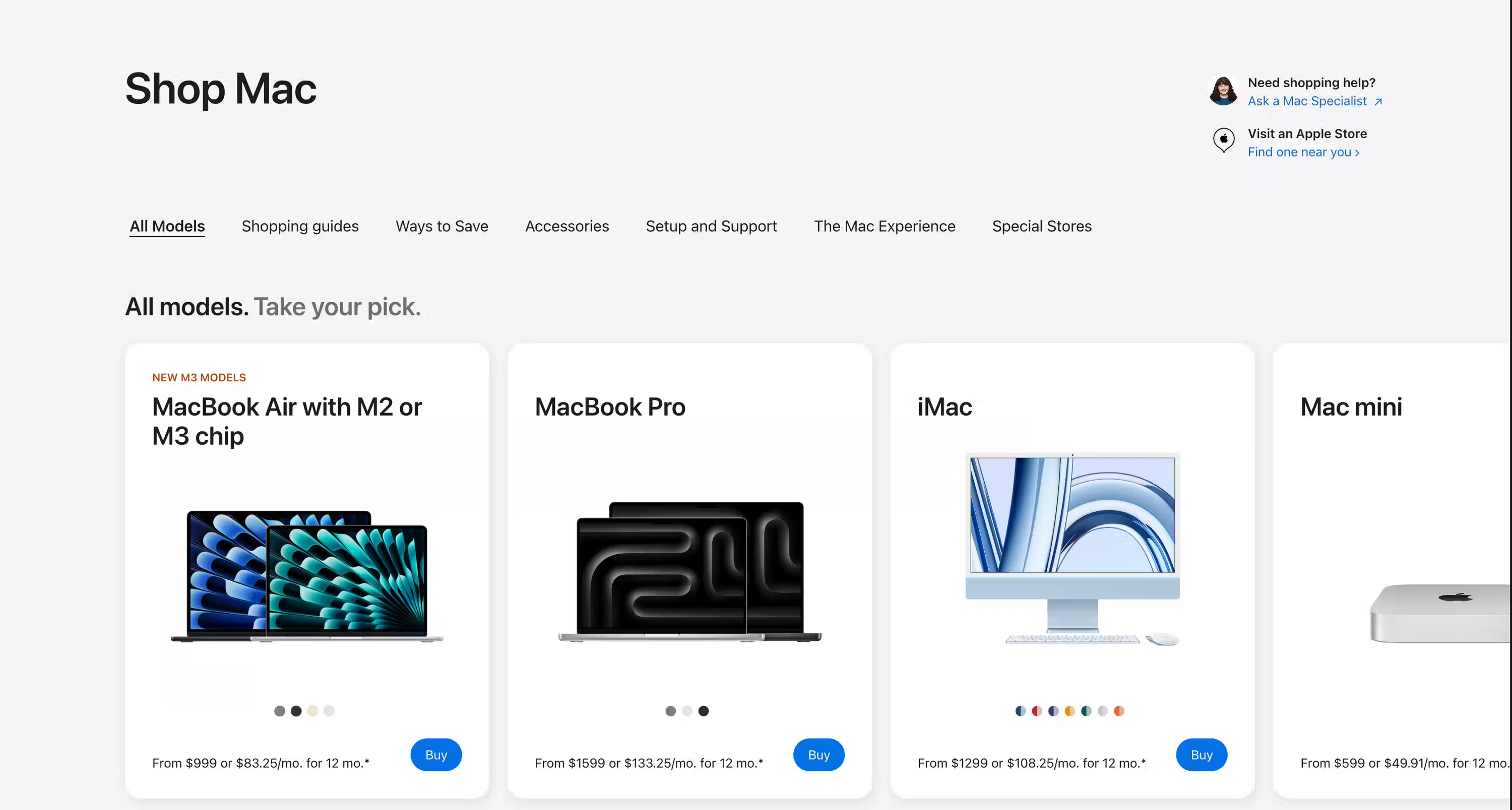 Trang web Apple Store có nhiều máy Mac có sẵn để mua
