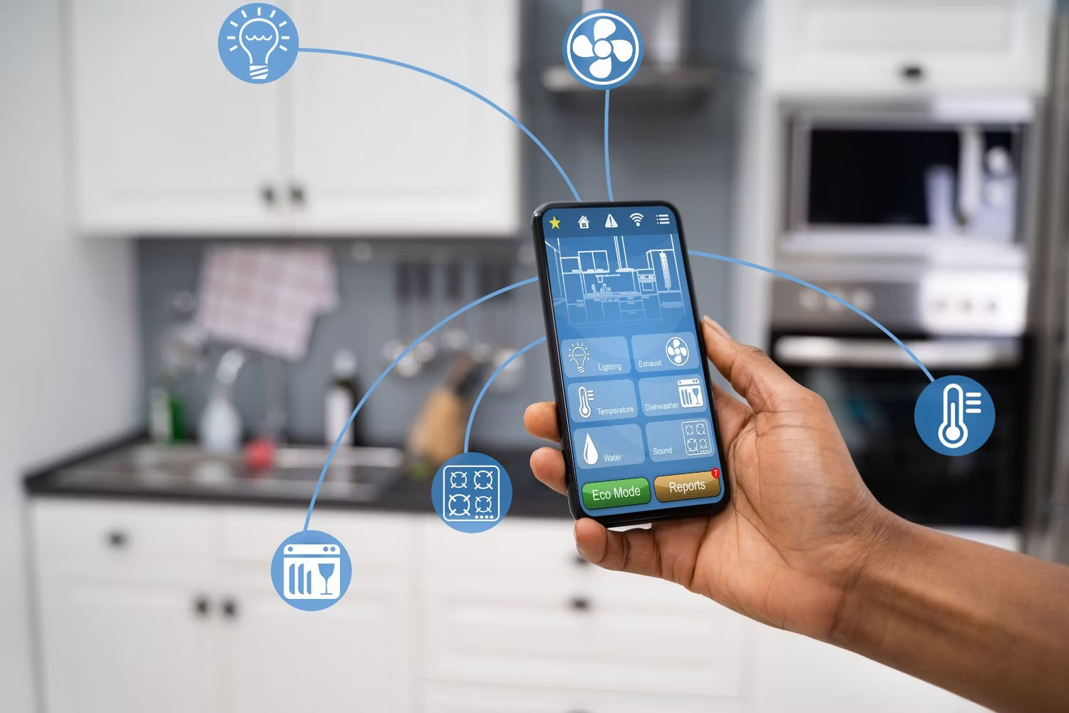 Smartphones associated with many smart home device icons