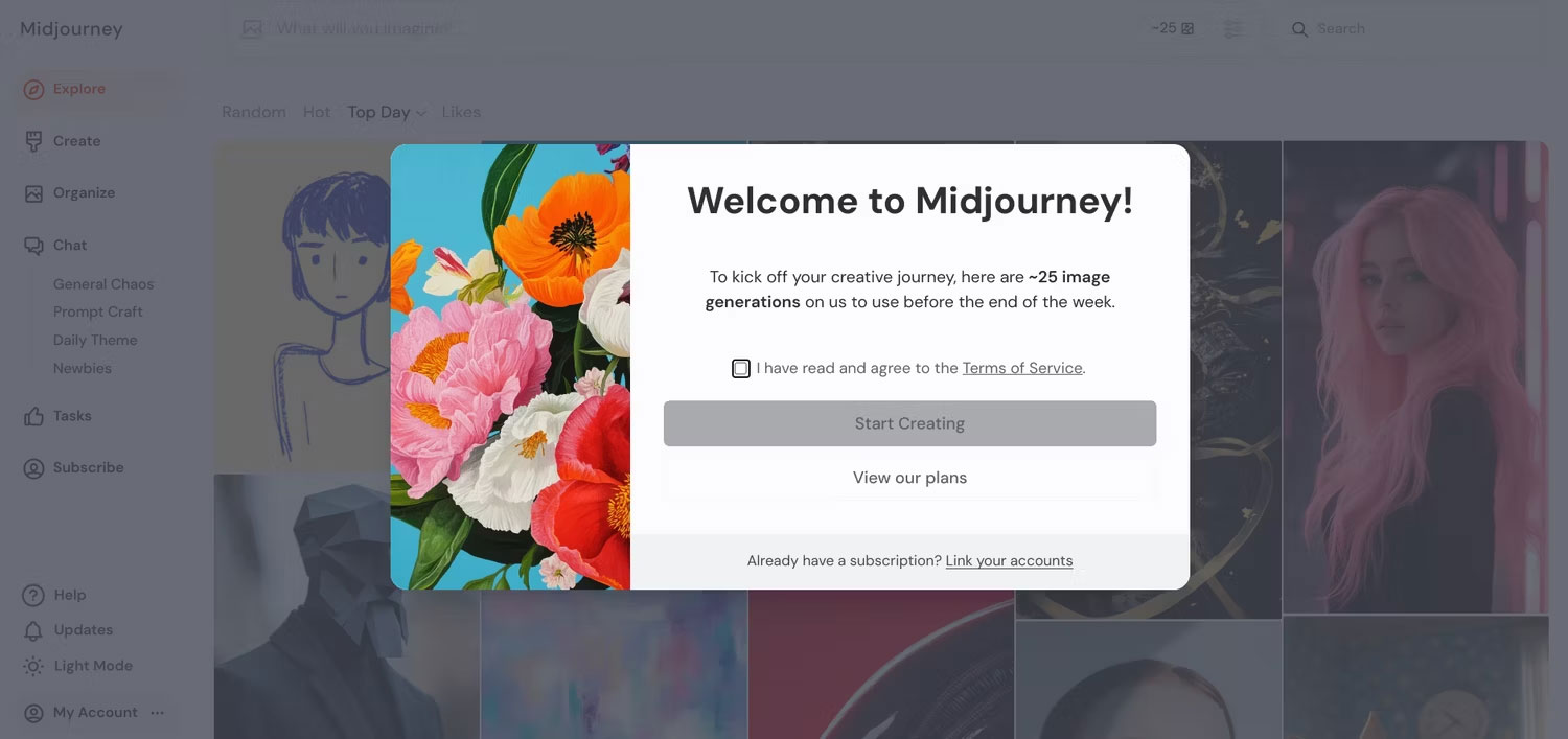 Màn hình chào mừng sau khi bạn đăng ký dùng thử miễn phí Midjourney