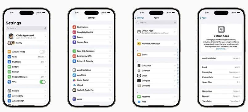 Người dùng có thể lựa chọn các ứng dụng như WhatsApp thay thế cho Messages hoặc Waze thay cho Apple Maps làm ứng dụng mặc định cho các chức năng tương ứng.