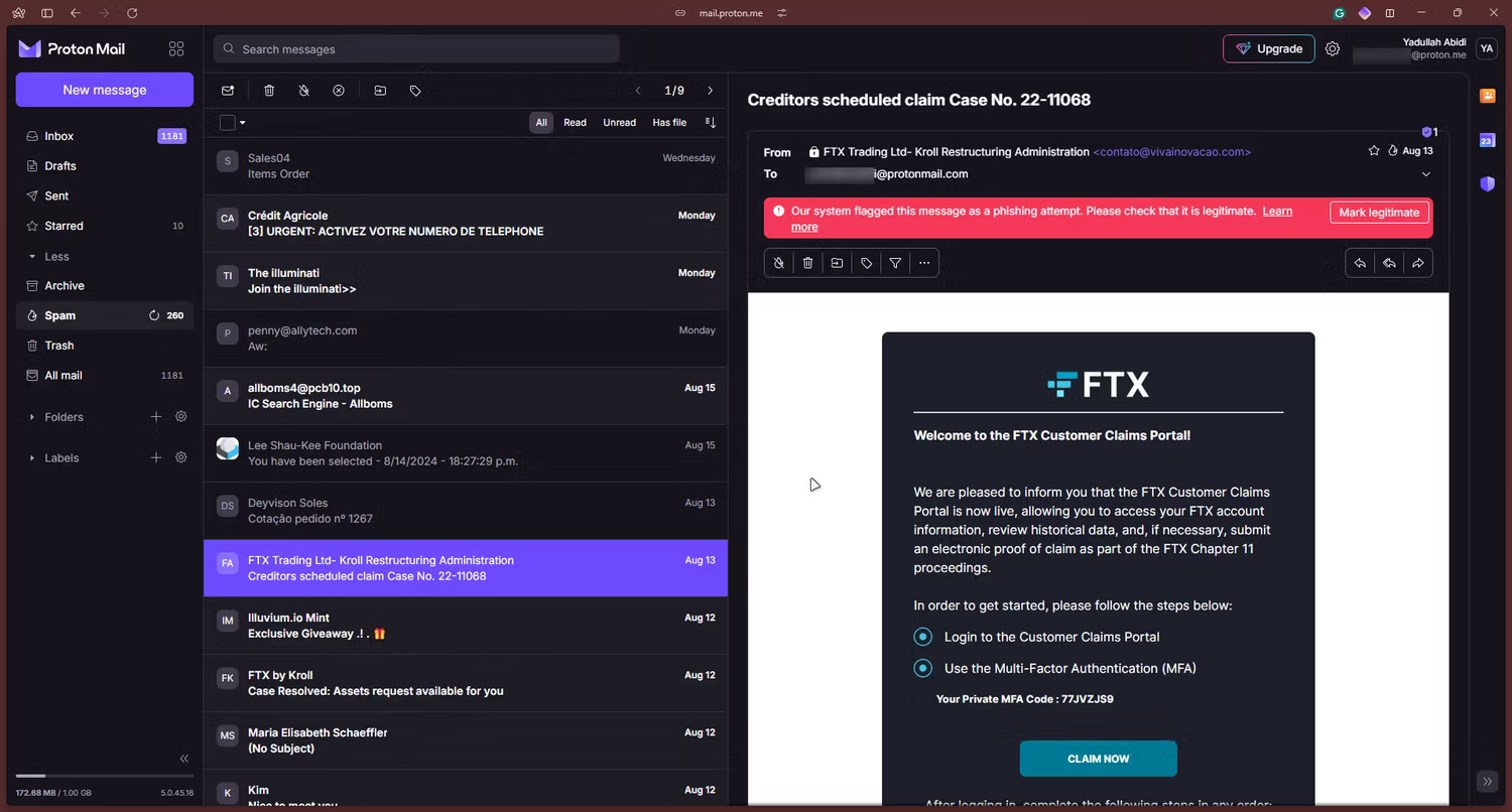 ProtonMail hiển thị cảnh báo lừa đảo trong email