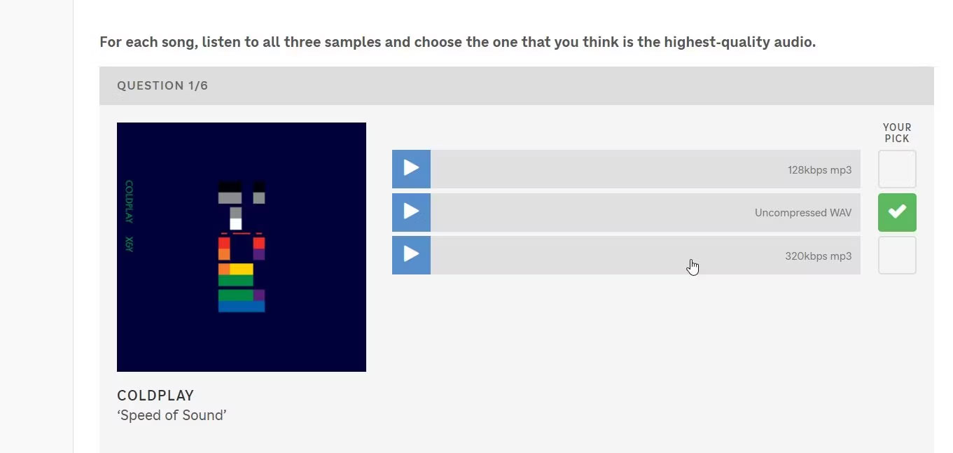 Bài kiểm tra âm thanh của NPR cho thấy người test đã đoán đúng "Speed ​​of Sound" của Coldplay.