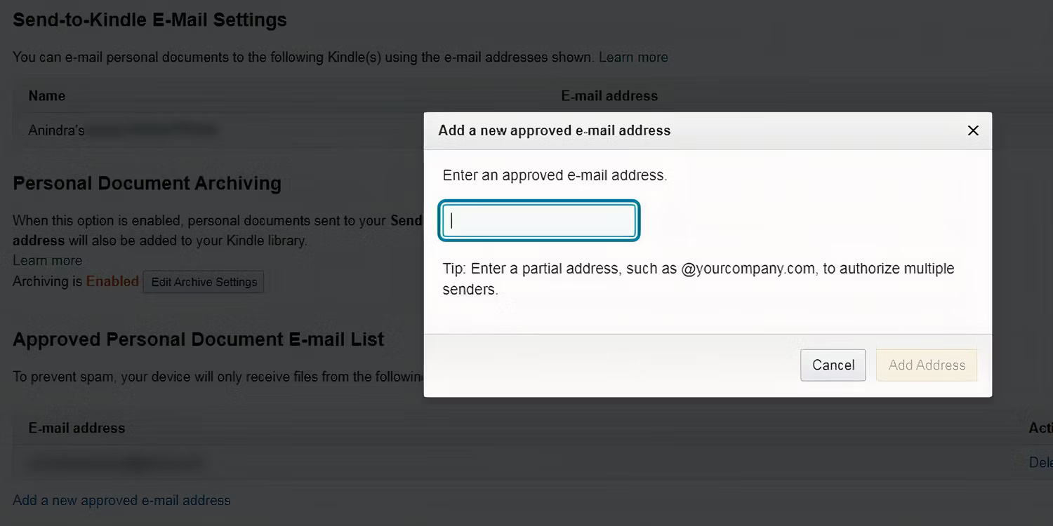 Thêm vào địa chỉ email Kindle được chấp thuận của bạn