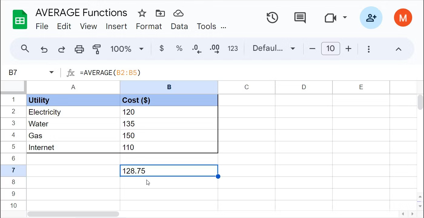 Sử dụng hàm AVERAGE trong Google Sheets