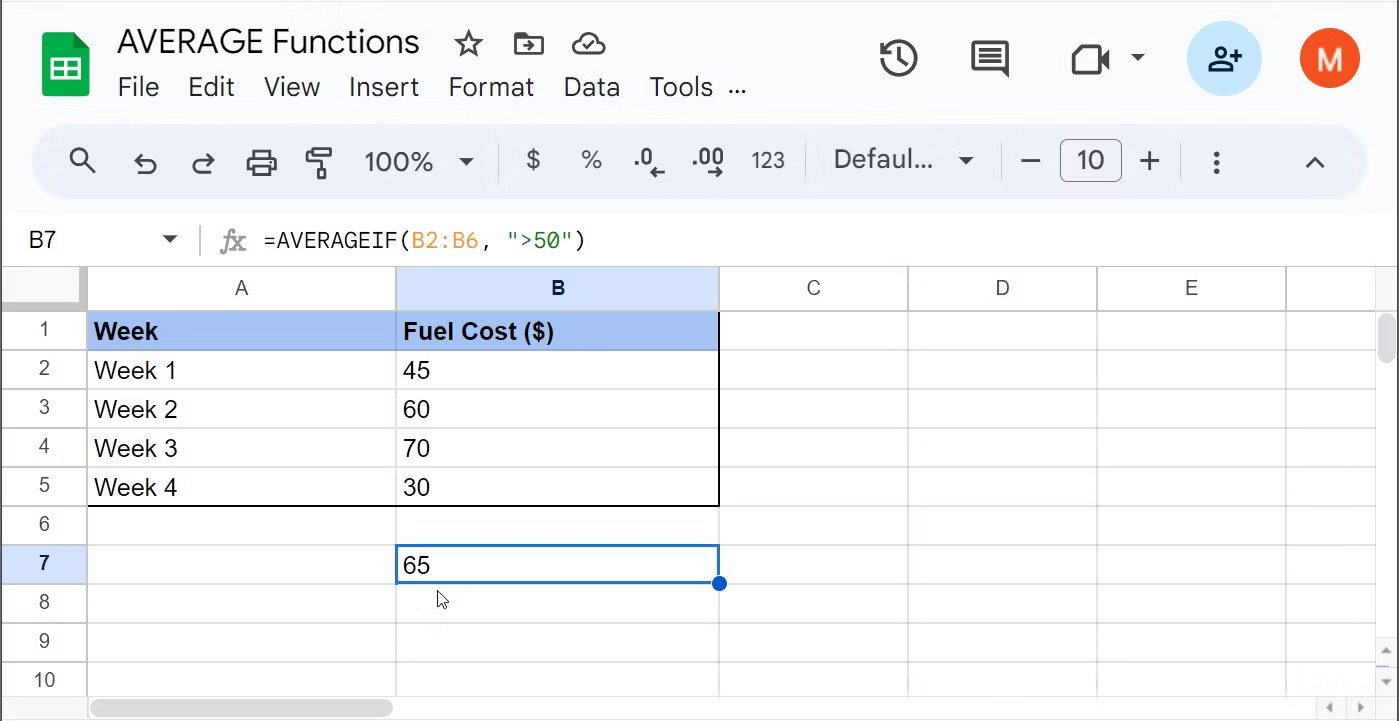 Sử dụng hàm AVERAGEIF trong Google Sheets