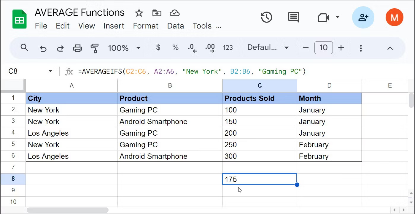 Sử dụng hàm AVERAGEIFS trong Google Sheets