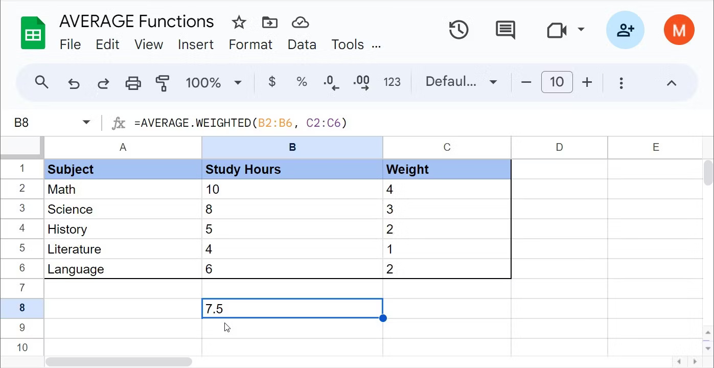 Sử dụng hàm AVERAGE-WEIGHTED trong Google Sheets