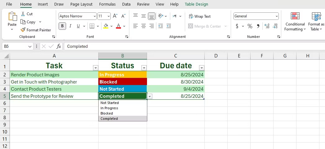 Danh sách drop-down được định dạng trong Excel