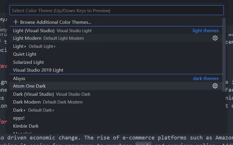 Menu theme trong VS Code trên Windows.