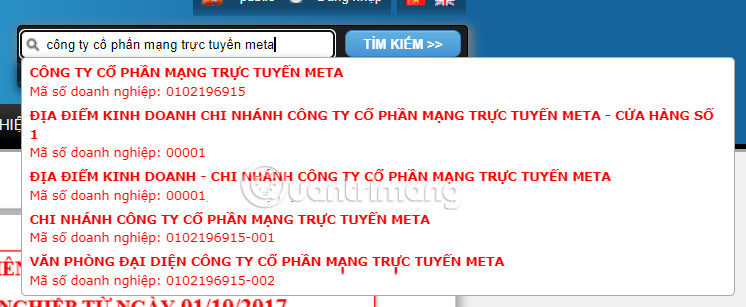 Tra cứu mã số thuế DN trên Cổng thông tin quốc gia về đăng ký doanh nghiệp