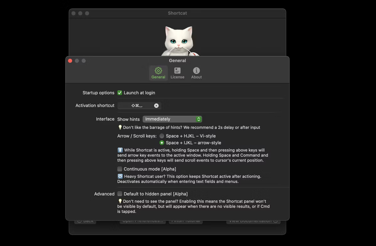Trang tùy chọn của Shortcat