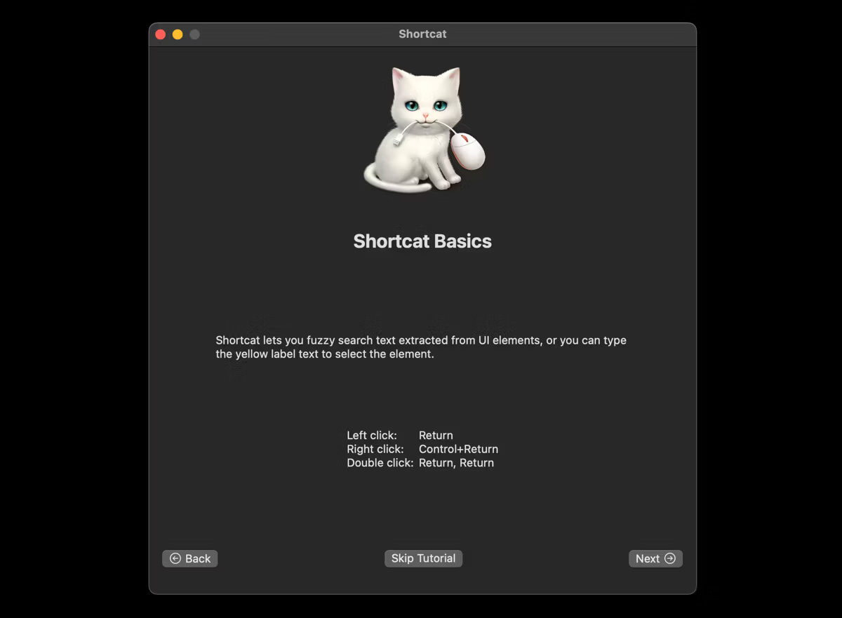 Trang hướng dẫn của Shortcat hiển thị các thao tác nhấp chuột cơ bản