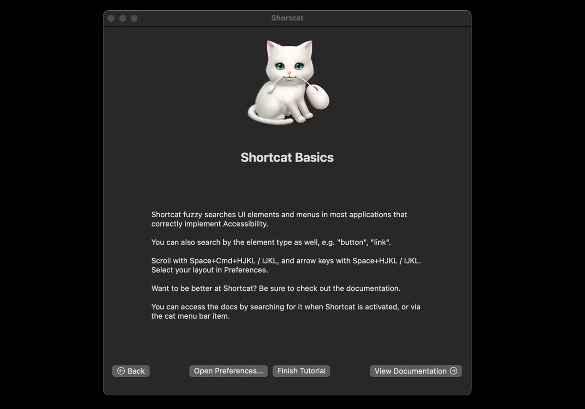 Trang hướng dẫn của Shortcat cho thấy cách cuộn
