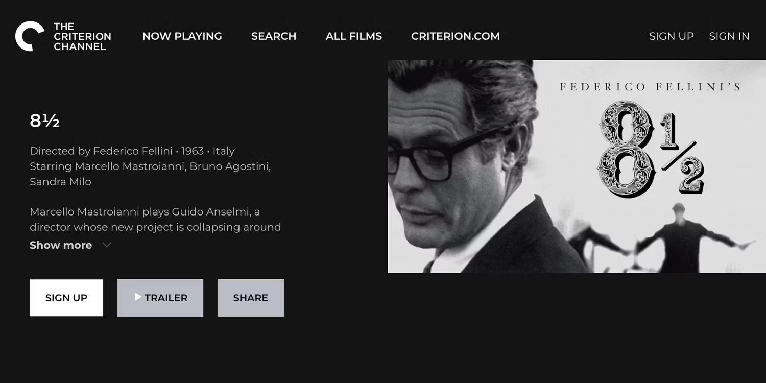Ứng dụng Criterion Collection hiển thị một bộ phim kinh điển của Fellini từ những năm 1960