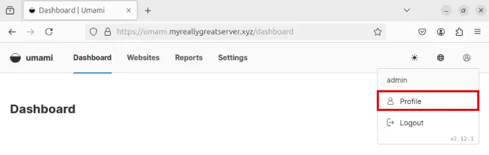 Location of the menu item "Profile" in the Umami dashboard.