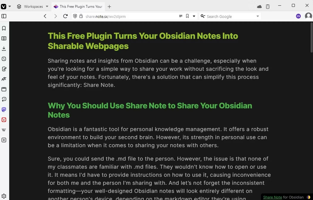 Trang web hiển thị ghi chú Obsidian được chia sẻ