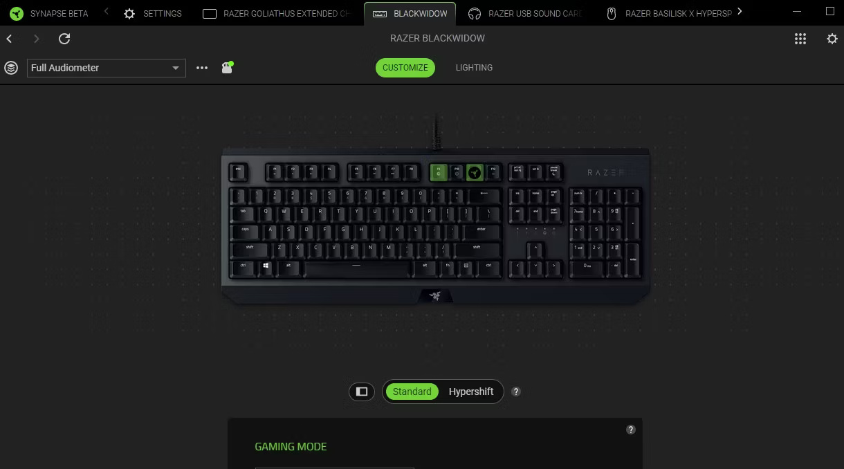 Razer Synapse hiển thị các cài đặt cho bàn phím