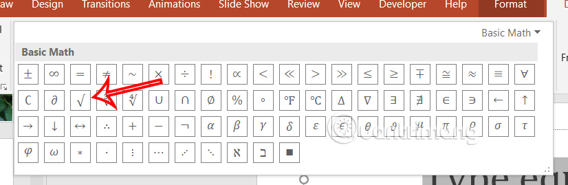 Ký hiệu căn bậc hai trong Powerpoint