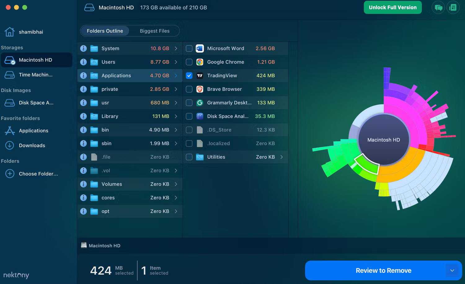 Kiểm tra dữ liệu chiếm nhiều dung lượng lưu trữ bằng ứng dụng Disk Space Analyzer trên macOS.