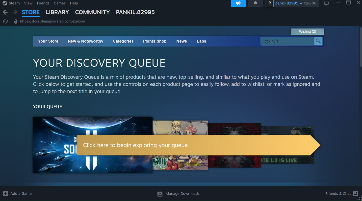 Trang Discovery Queue của Steam