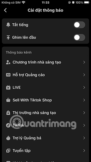 Giao diện chỉnh thông báo hệ thống TikTok