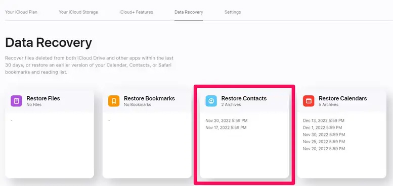 Chọn khôi phục danh bạ trên iCloud