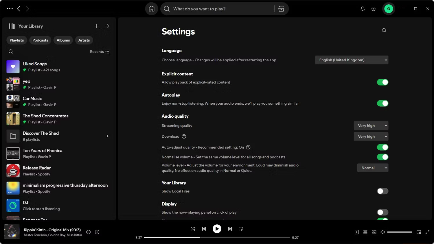 Menu cài đặt âm thanh của Spotify