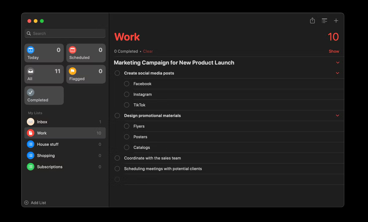 Danh sách nhắc nhở Work trên Reminders